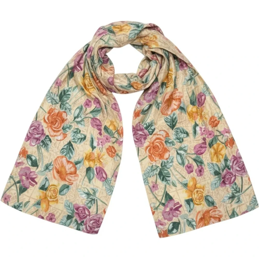 37 West Vintage 100% Pure Silk Scarf Floral Rose Print Rectangular Wrap Multi